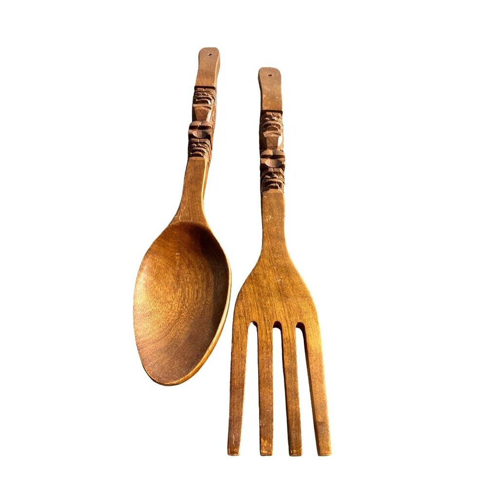 Vintage Mid-Century 12.5" Wooden Tiki Fork & Spoon Hand Carved Wall Hangings